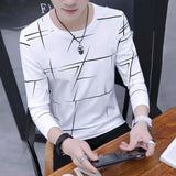 T Shirt Men Autumn Winter Men Long Sleeve T-shirt Stripe Shirt New Tshirt T Shirts O-Neck Casual Pink White Black